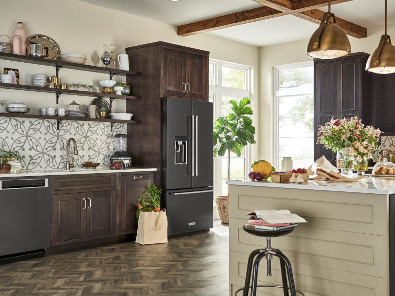 Black french door refrigerator in kitchen with coordinating colors Black french door refrigerator in kitchen with coordinating colors