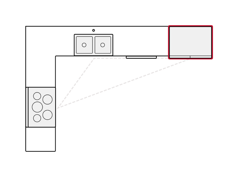 Diagram showing refrigerator placement in L-shaped kitchen Diagram showing refrigerator placement in L-shaped kitchen