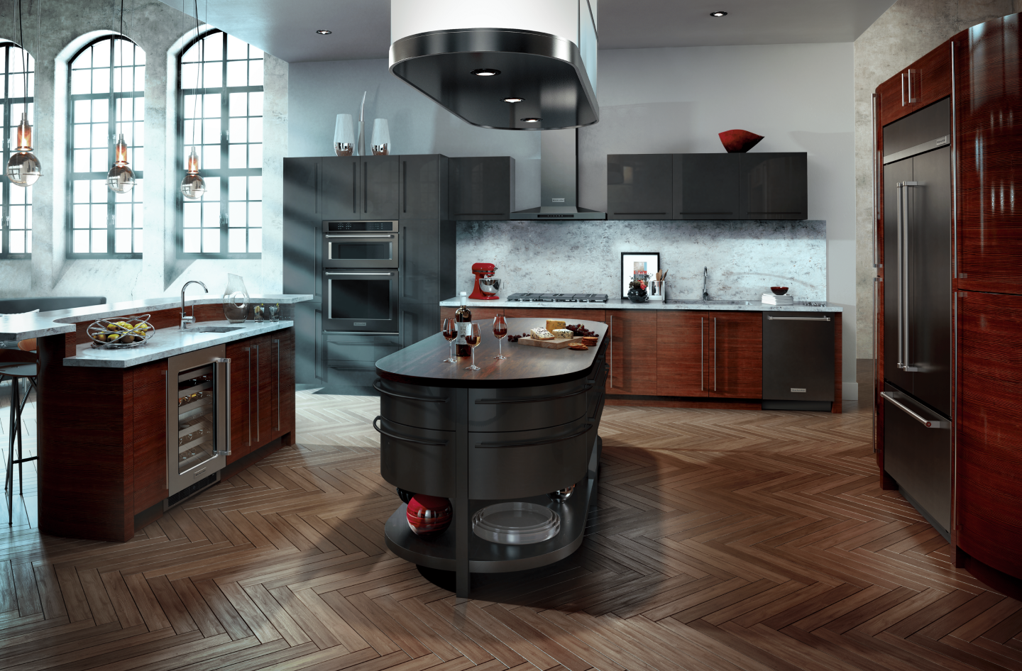 Built-in black refrigerator across from island in U-shaped kitchen Built-in black refrigerator across from island in U-shaped kitchen