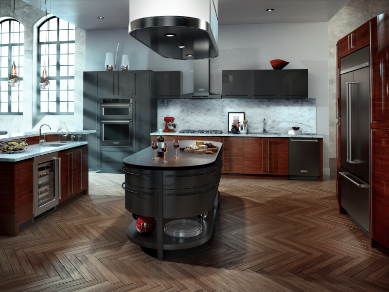 Built-in black refrigerator across from island in U-shaped kitchen Built-in black refrigerator across from island in U-shaped kitchen