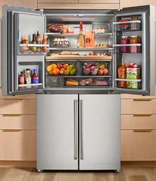 4-door refrigerator with top two doors open