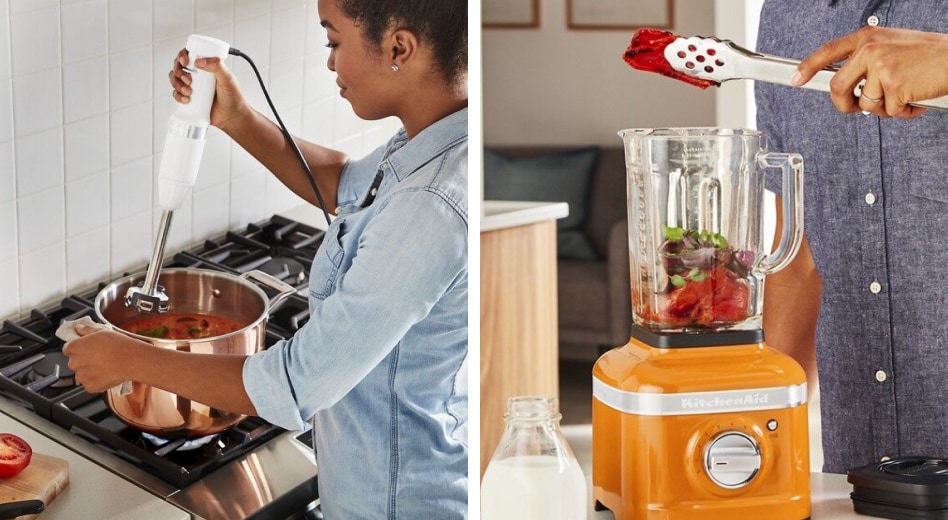 Woman blending soup with immersion blender vs countertop blender being used by a man Woman blending soup with immersion blender vs countertop blender being used by a man