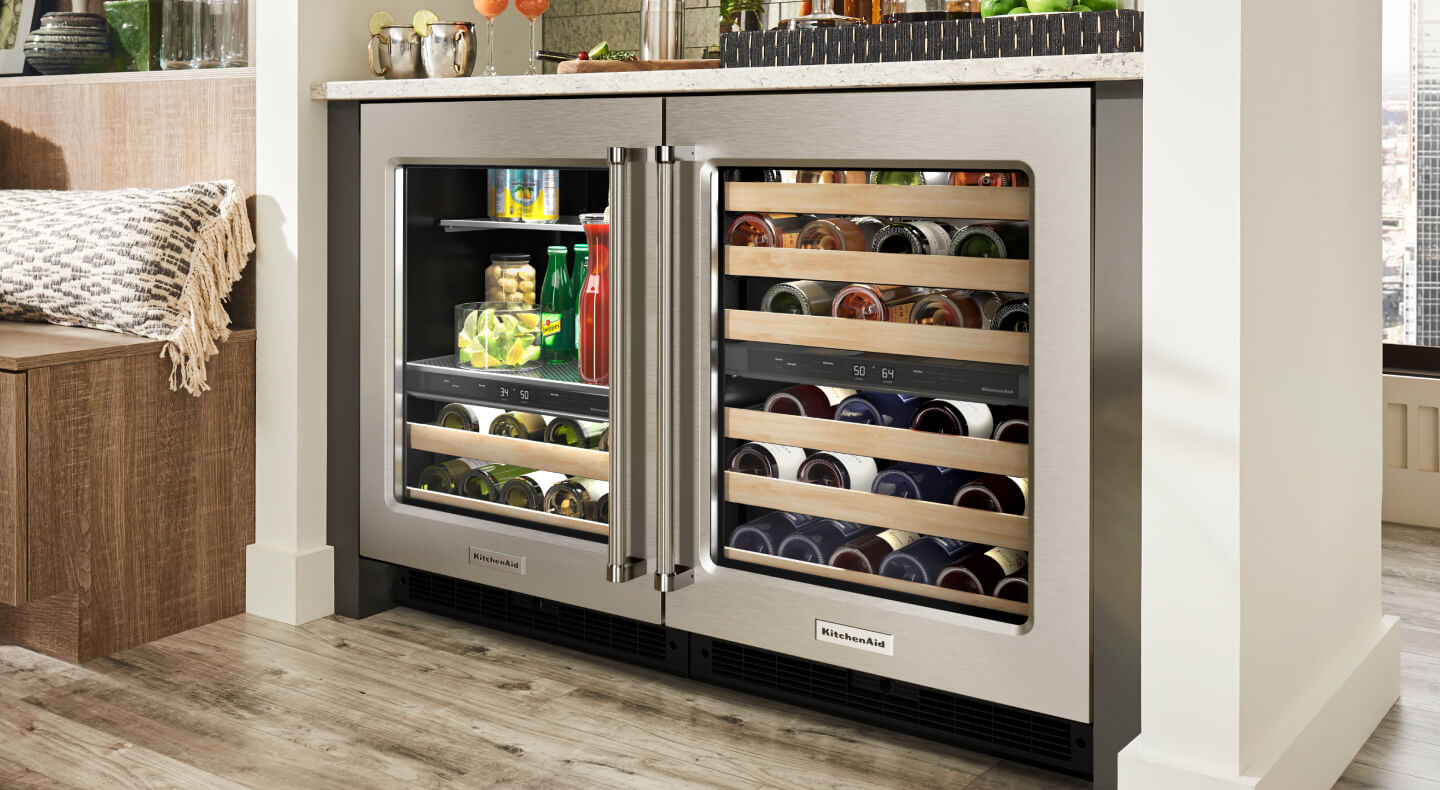 KitchenAid® undercounter wine refrigerator and beverage center side-by-side