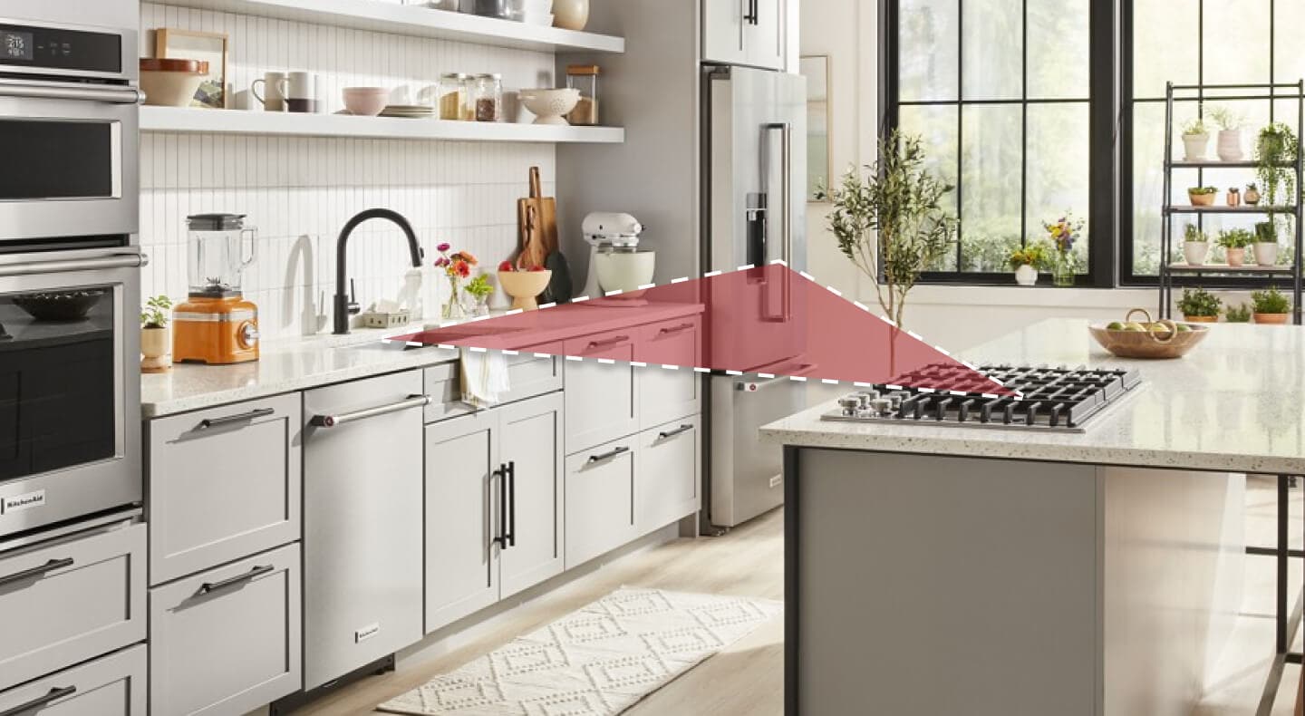 Diagram of a kitchen work triangle in the context of a real kitchen Diagram of a kitchen work triangle in the context of a real kitchen