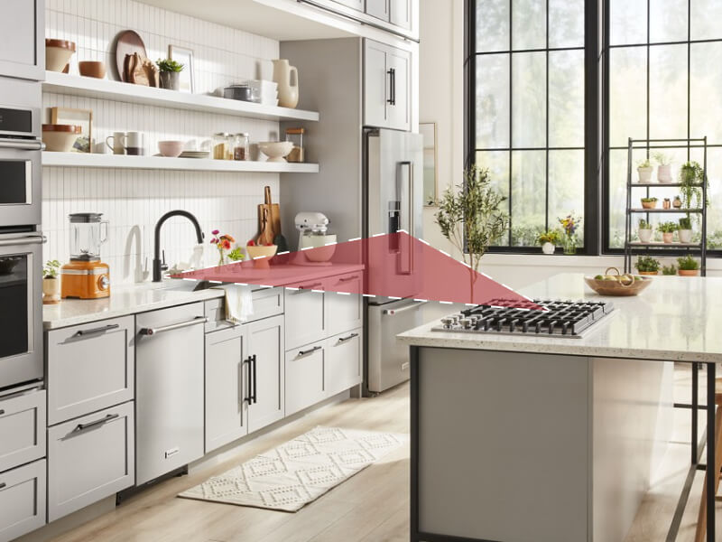 Diagram of a kitchen work triangle in the context of a real kitchen Diagram of a kitchen work triangle in the context of a real kitchen