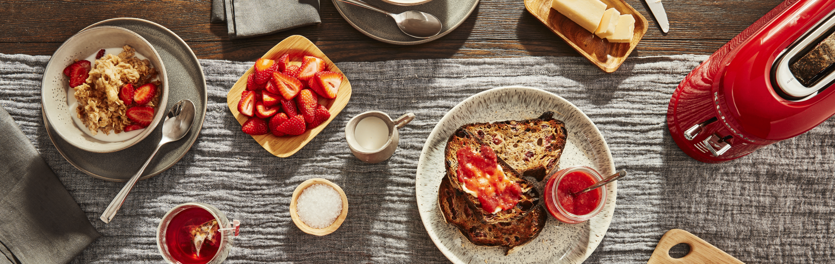 Various breakfast foods on a table