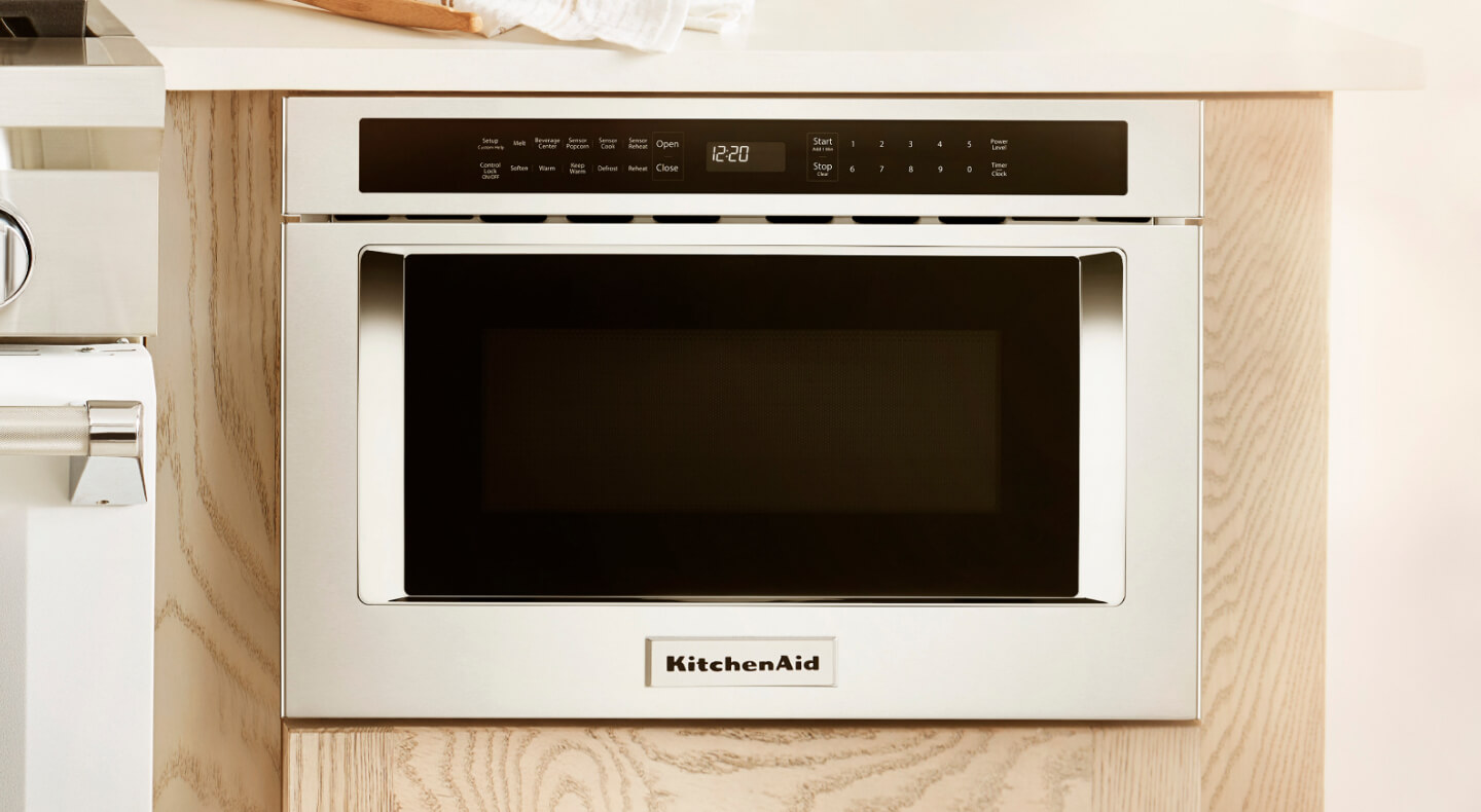 A KitchenAid® undercounter microwave in light cabinetry A KitchenAid® undercounter microwave in light cabinetry