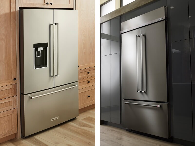 A side-by-side image of two KitchenAid® French door refrigerators inside cabinet cutouts A side-by-side image of two KitchenAid® French door refrigerators inside cabinet cutouts