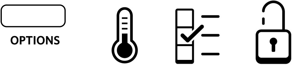 An options icon, temperature gauge icon, filter status icon and lock icon.