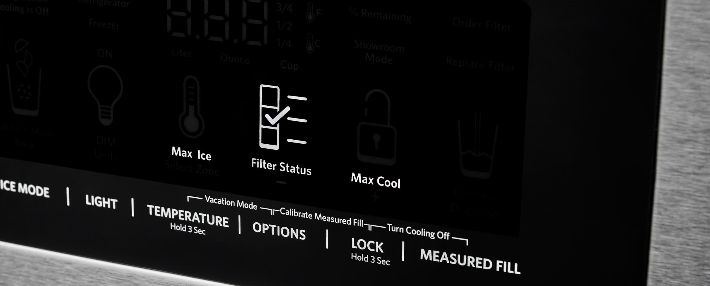 An illuminated Filter Status button on the KitchenAid® French Door Bottom Mount Refrigerator.