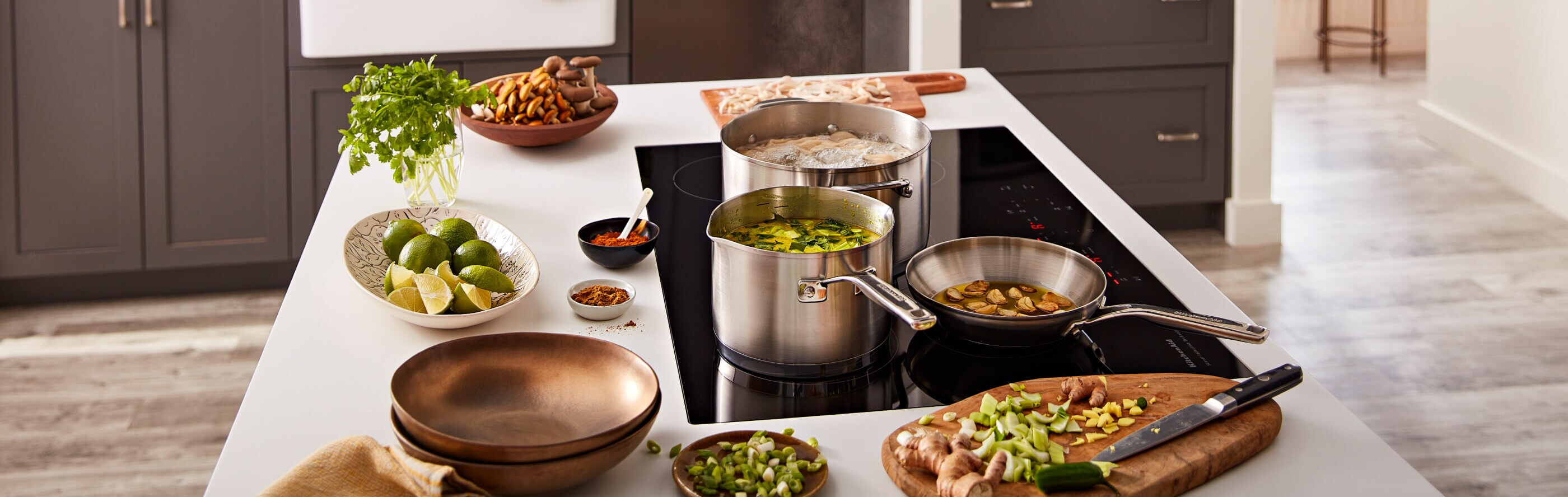 Ingredients and an induction cooktop on a kitchen island