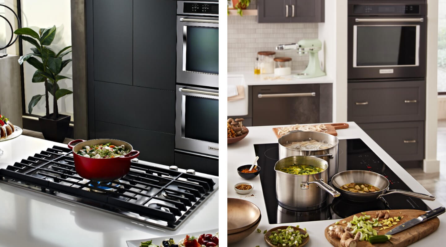 Pot cooking on a gas cooktop, pots cooking on an induction cooktop Pot cooking on a gas cooktop, pots cooking on an induction cooktop