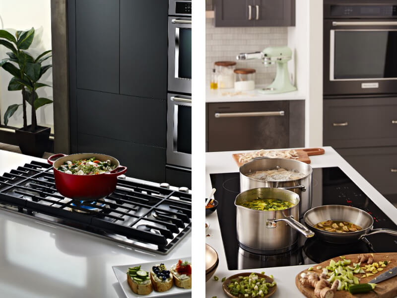 Pot cooking on a gas cooktop, pots cooking on an induction cooktop Pot cooking on a gas cooktop, pots cooking on an induction cooktop