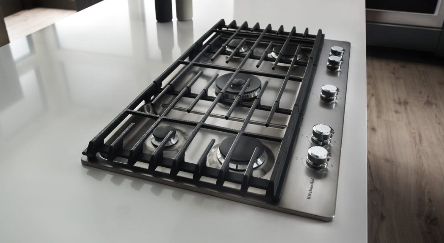 Overhead view of a KitchenAid® gas cooktop