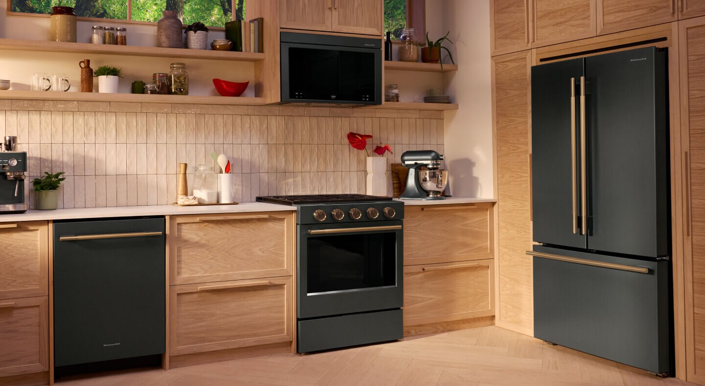 A kitchen featuring a Juniper French door refrigerator by KitchenAid® brand