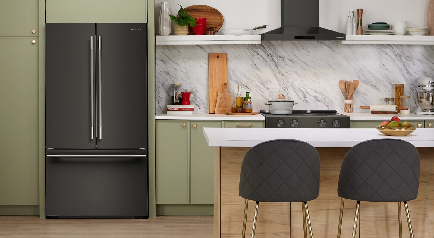 KitchenAid® Black Ore refrigerator and appliances in neutral kitchen