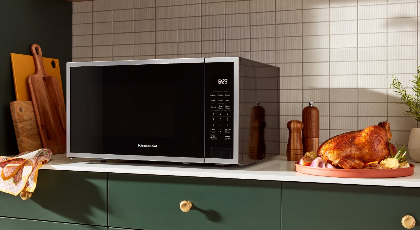 Countertop microwave on a white counter