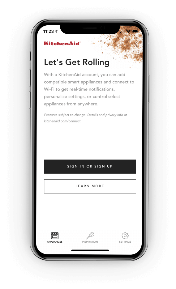 A smartphone displaying the sign up screen of the KitchenAid™ app. A smartphone displaying the sign up screen of the KitchenAid™ app.