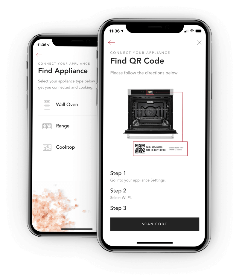 Two smartphones demonstrating the appliance connection process of the KitchenAid™ app. Two smartphones demonstrating the appliance connection process of the KitchenAid™ app.