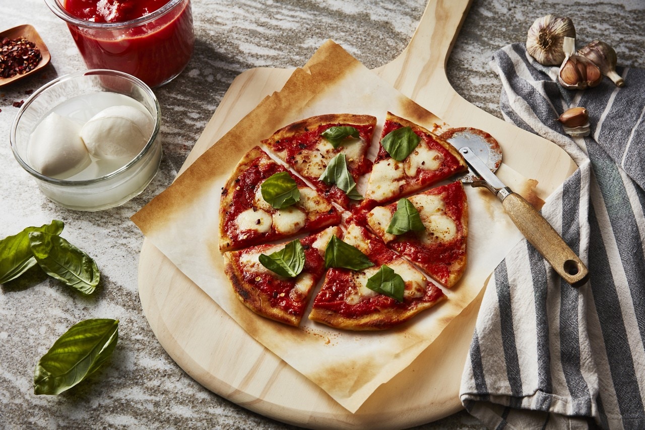 A mozzarella water pizza made from recycling food waste.