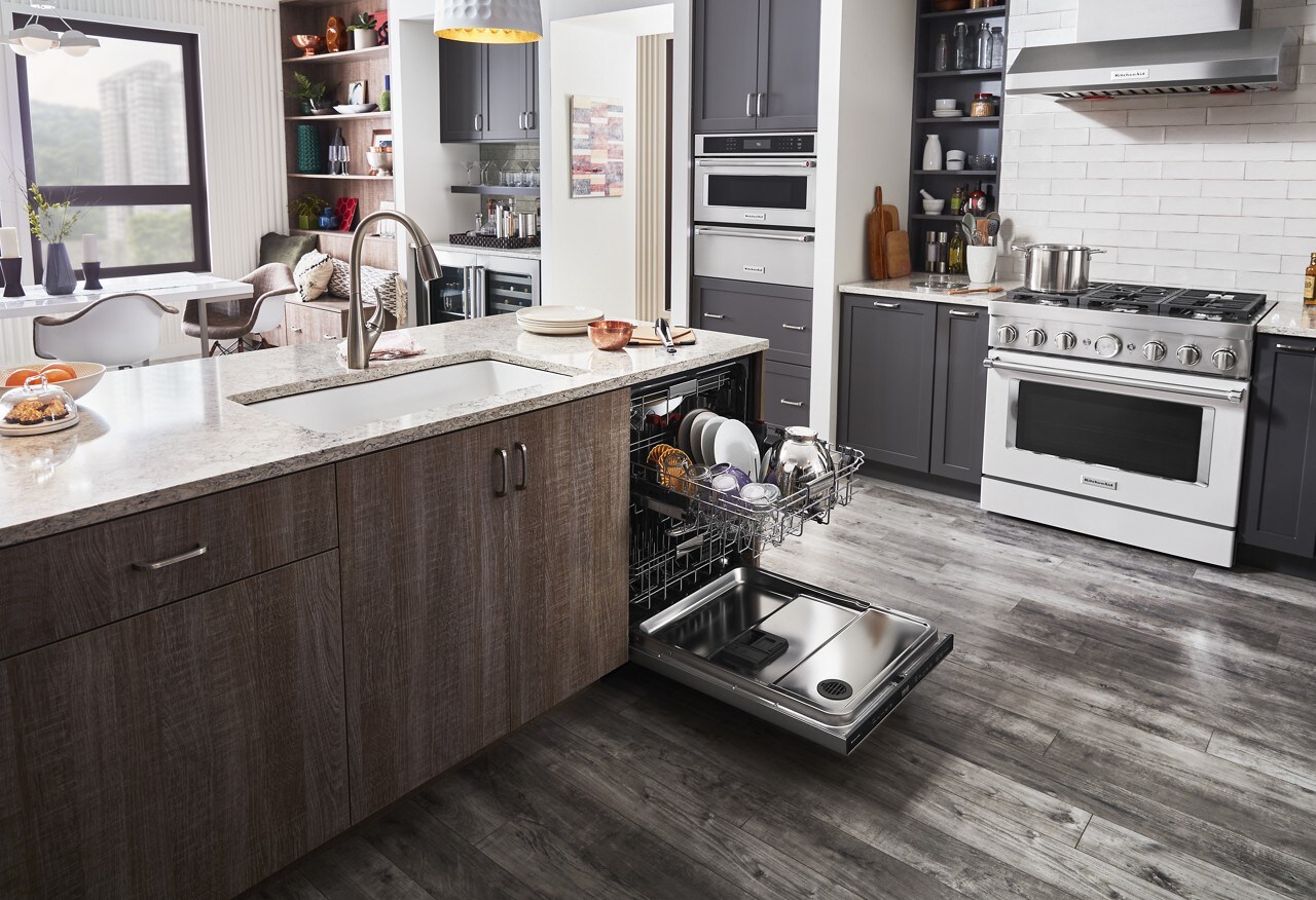 Pocket-handle dishwashers from KitchenAid with front panels.