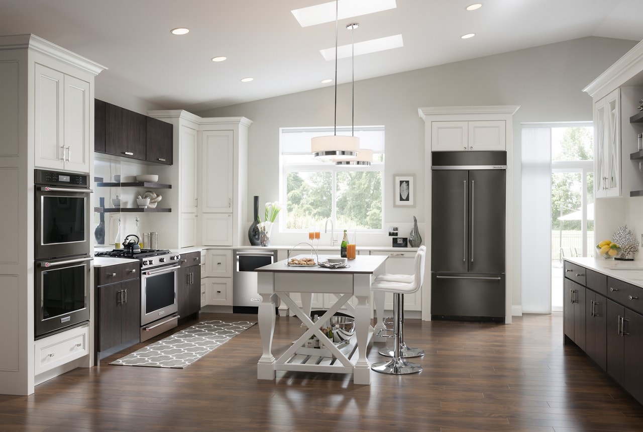 A bottom freezer built-in refrigerator keeps fresh foods within easy reach.