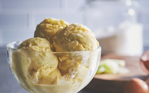 Homemade ice cream in a glass dish