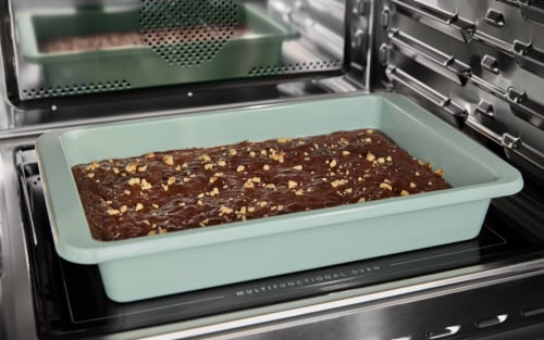 Brownies in a pan on a baking rack