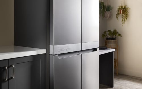 A stainless steel, 4-door refrigerator