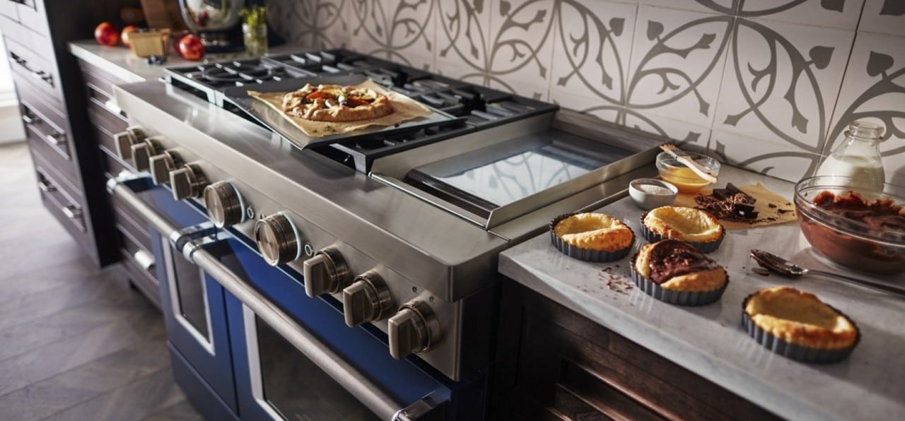 Commercial-style blue range with baked goods around Commercial-style blue range with baked goods around