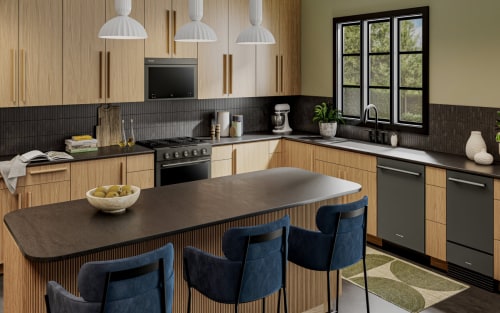 KitchenAid® suite of appliances in light wood cabinetry