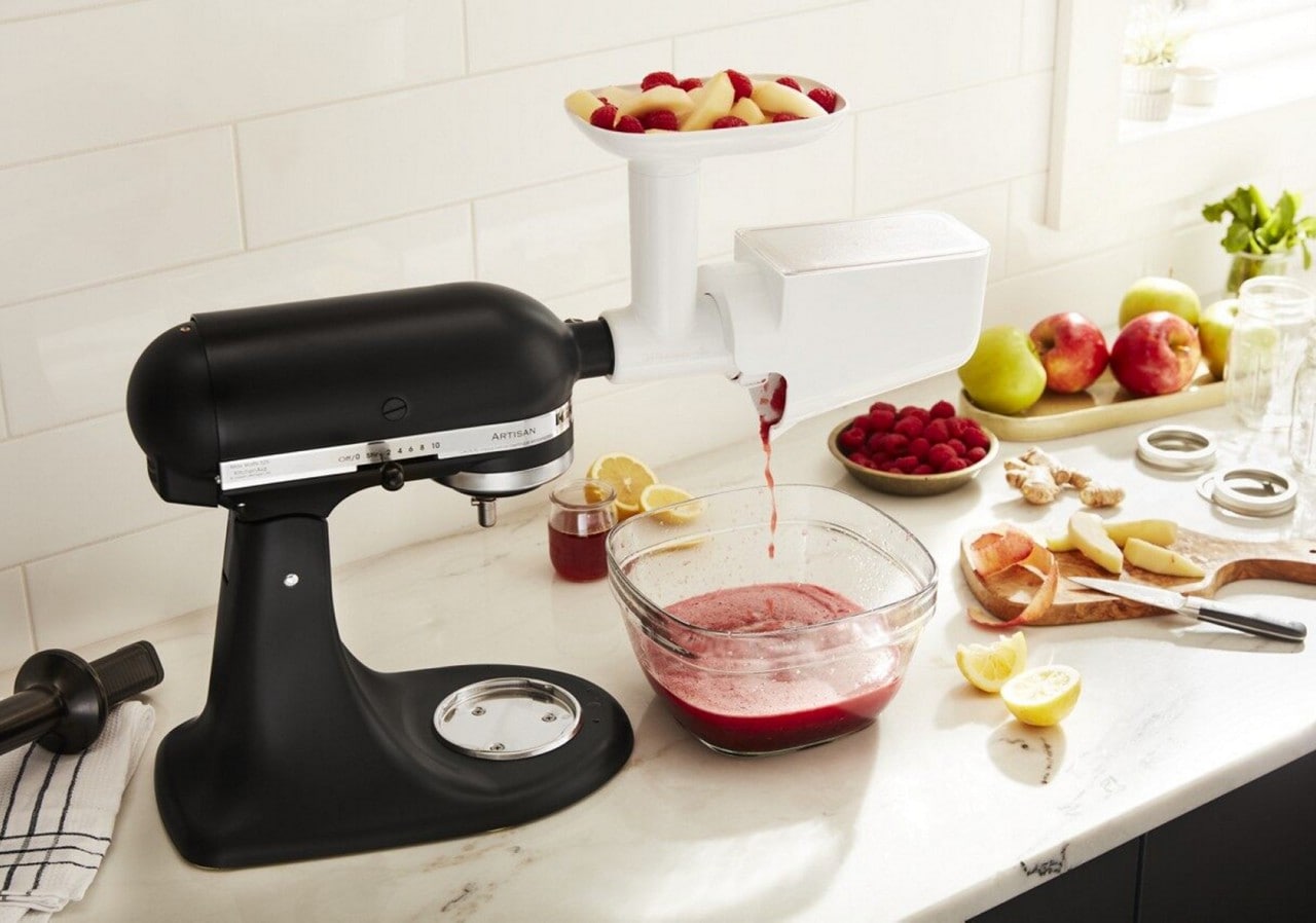 Black KitchenAid® stand mixer with fruit and vegetable strainer attachment
