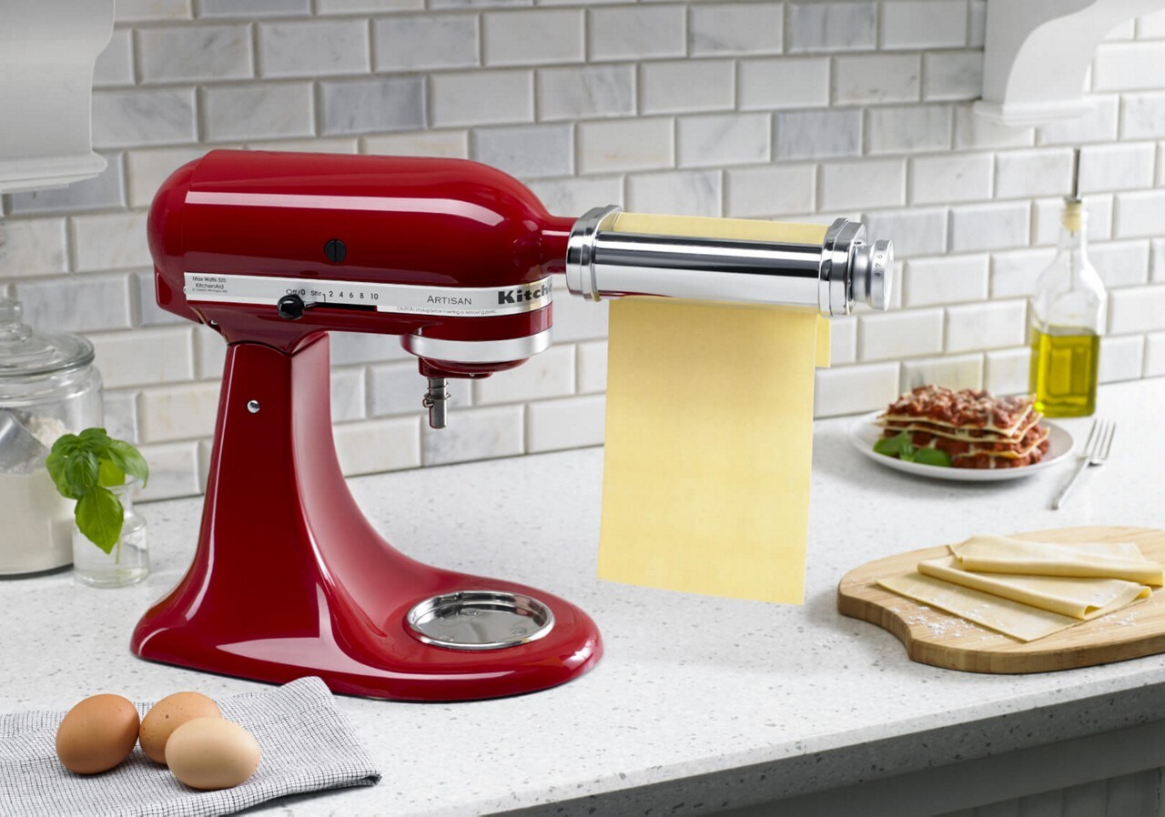 KitchenAid® stand mixer with Pasta Roller making lasagna noodles KitchenAid® stand mixer with Pasta Roller making lasagna noodles