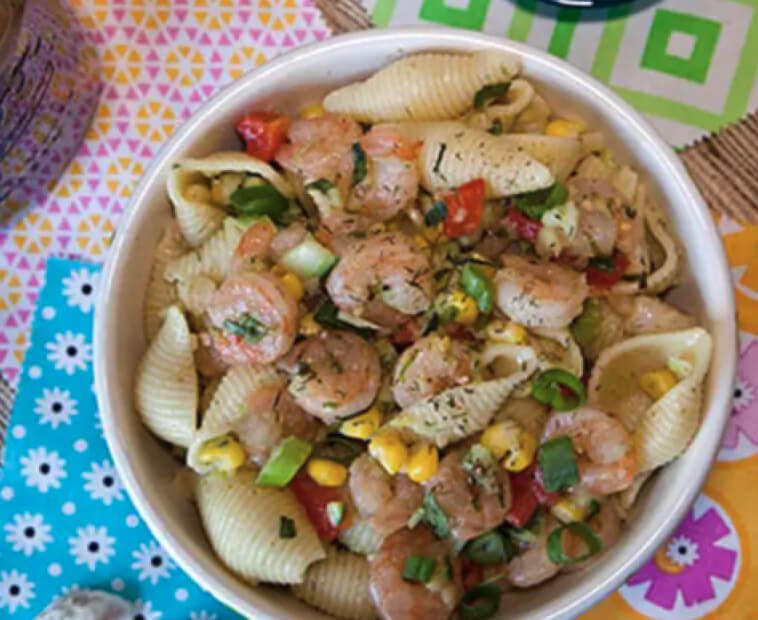 Shell pasta with shrimp, veggies and herbs. Shell pasta with shrimp, veggies and herbs.