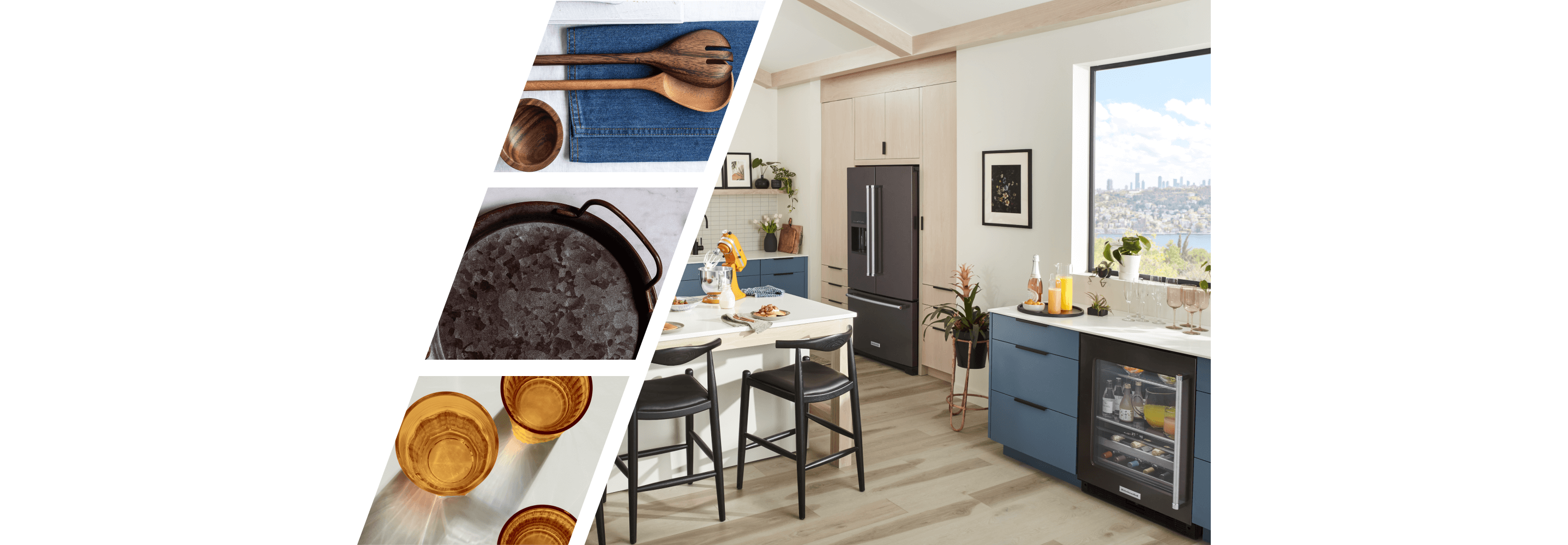 A bright modern kitchen with blue cabinetry and airy accents, and a collection of detailed images featuring amber glassware, wood utensils and textured servingware. 