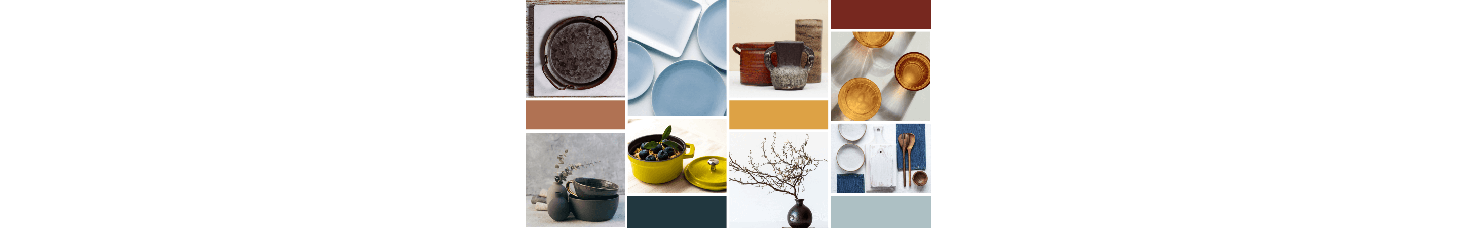 A collection of different images featuring warm dishware, accent plants, and cool blue color swatches. 