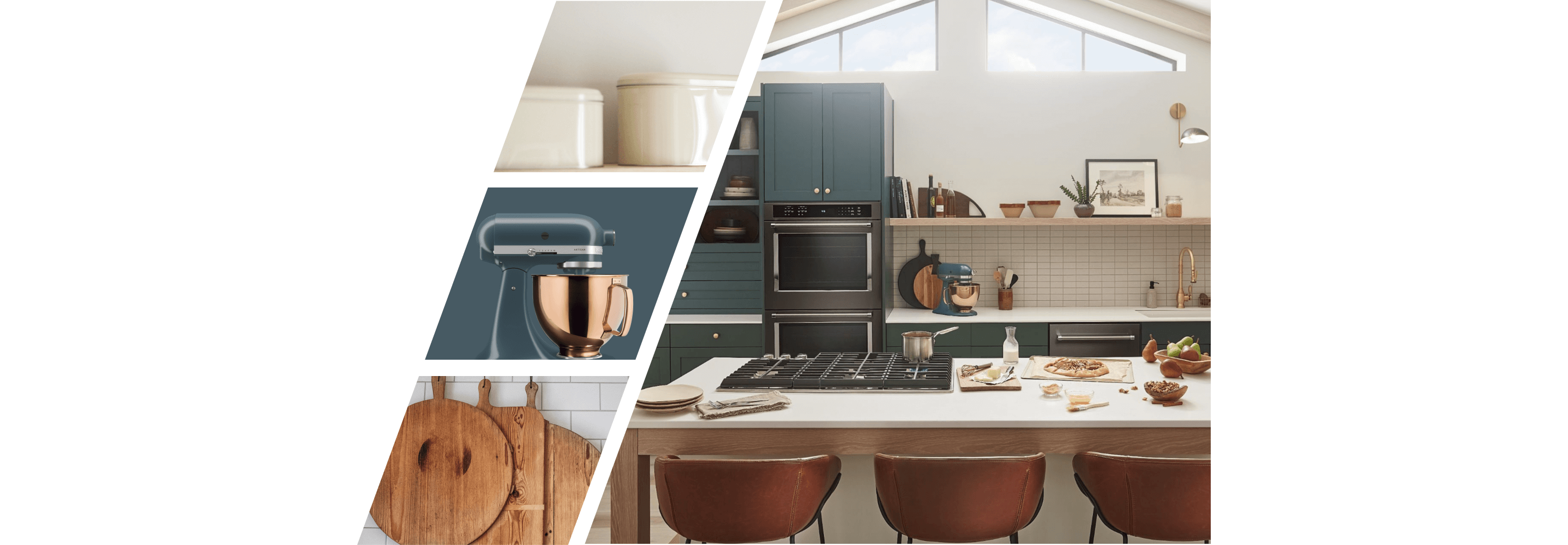 A colorful kitchen with green cabinetry, and a collection of detailed images featuring textured bowls, cutting boards, and a dark green KitchenAid® Stand Mixer with a copper bowl. 