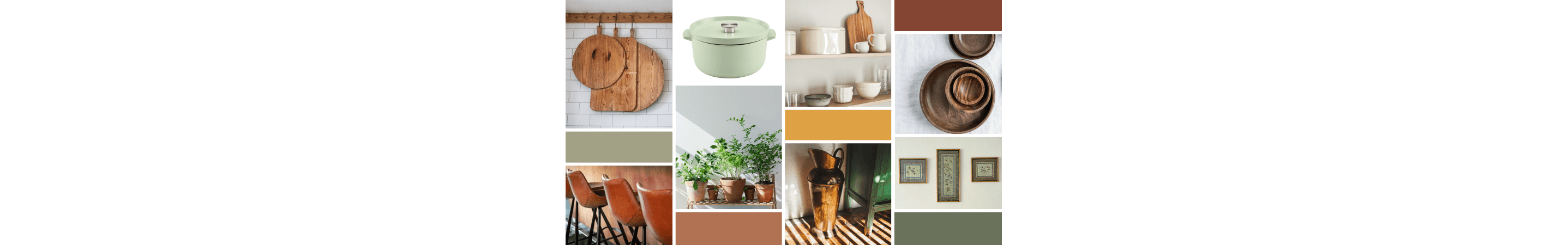 A collection of different images featuring dishware, textures, greenery and color swatches. 