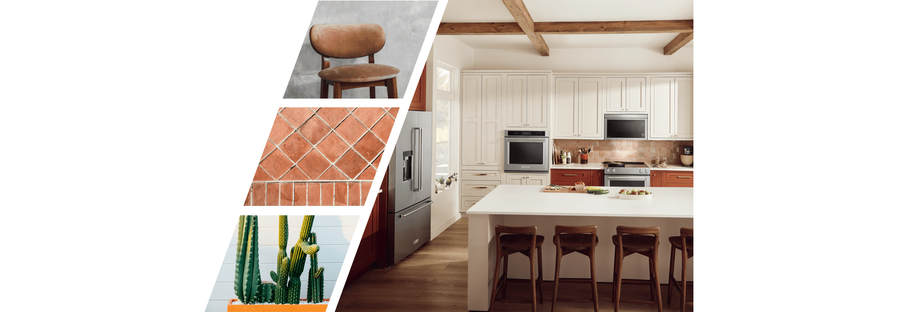 A bold kitchen with KitchenAid appliances and white and rust-colored cabinets, and a collection of detailed images featuring wooden chairs, terracotta tiles, and cactus plants. 