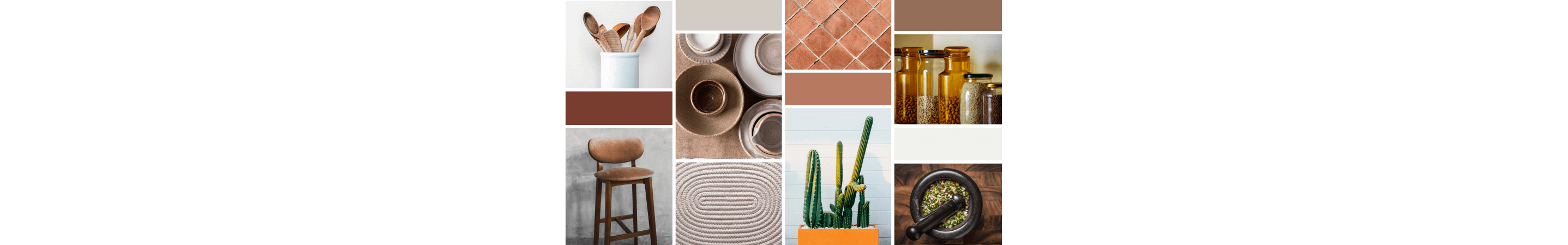 A collection of different images featuring neutral colored dishware, wooden accents, and natural, woven textures.