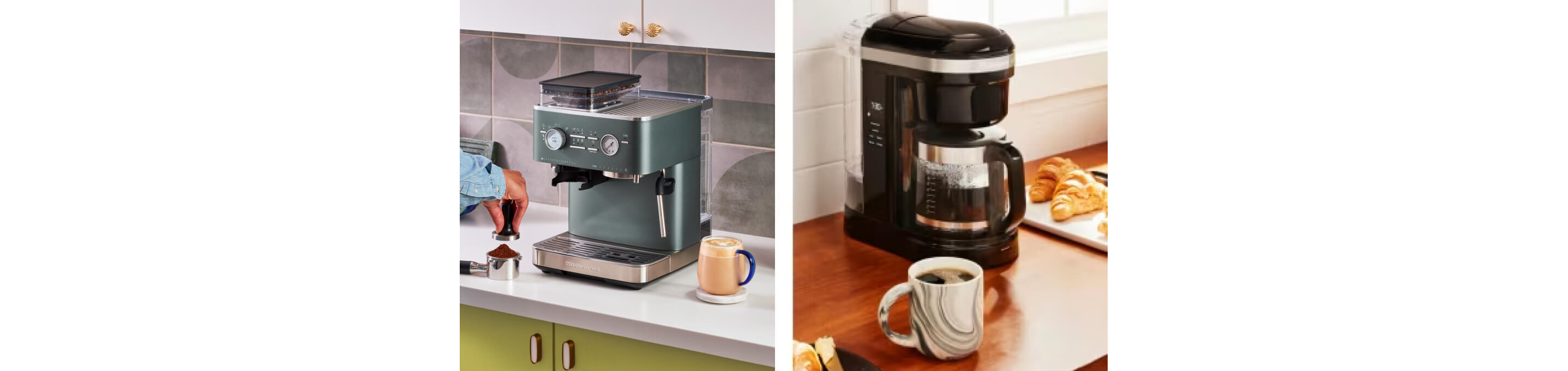 A KitchenAid® Espresso Machine in Juniper paired with a pictureof a KitchenAid® drip coffee maker.
