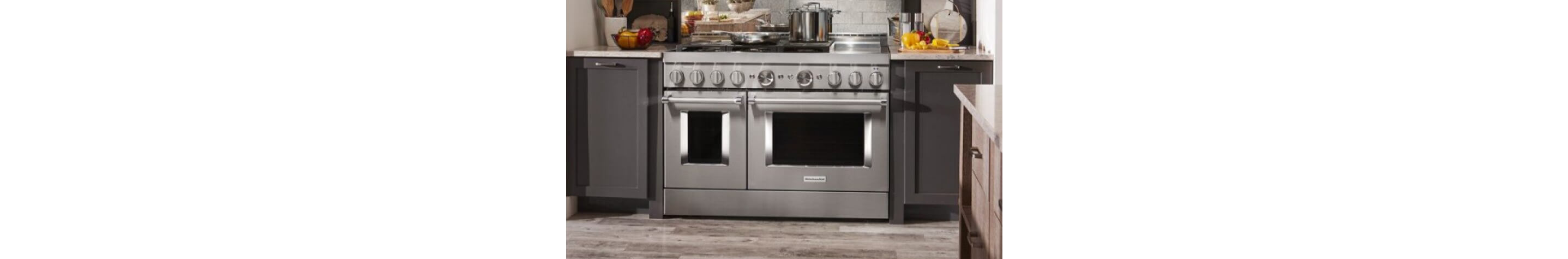A KitchenAid® commercial-style range installed in a kitchen.