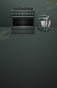 A KitchenAid® Juniper Commercial-style range alongside a Juniper stand mixer.