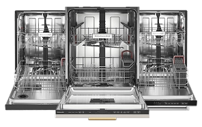 Three open KitchenAid® two-rack dishwashers