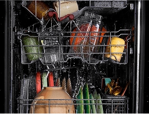 A dishwasher full of dishes.