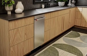 Kitchen cabinets with a built-in undercounter refrigerator