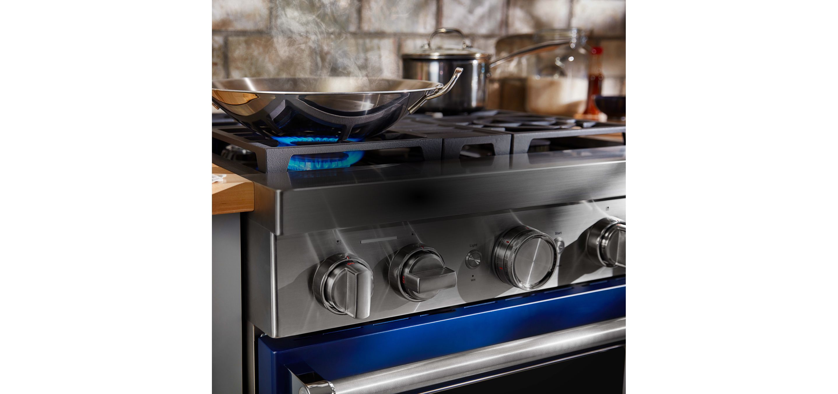 Close up of blue commercial-style gas range