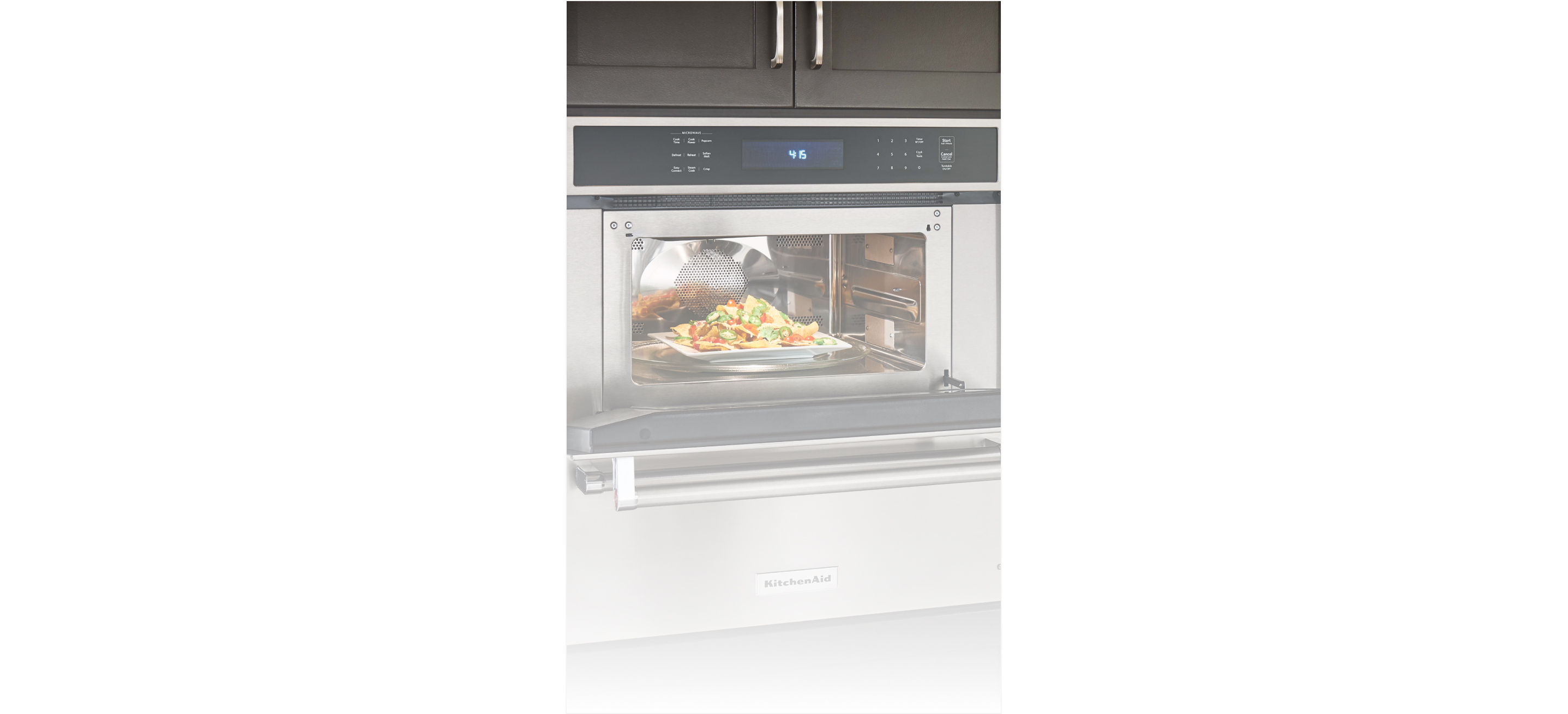 An open microwave with food inside