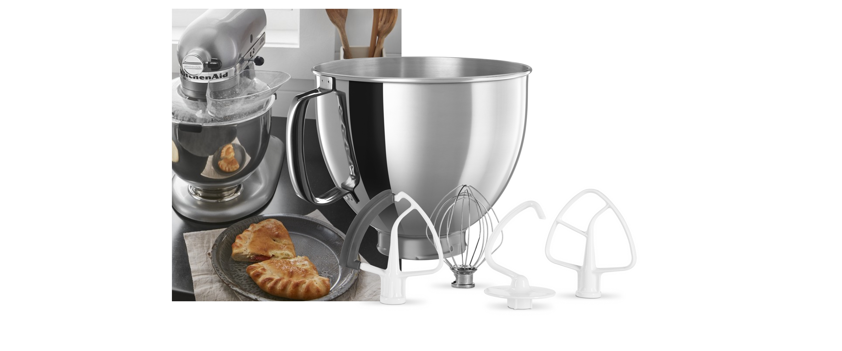 A stainless steel bowl, edge beater, whip, dough hook, flat beater, spiral hook and pastry beater.