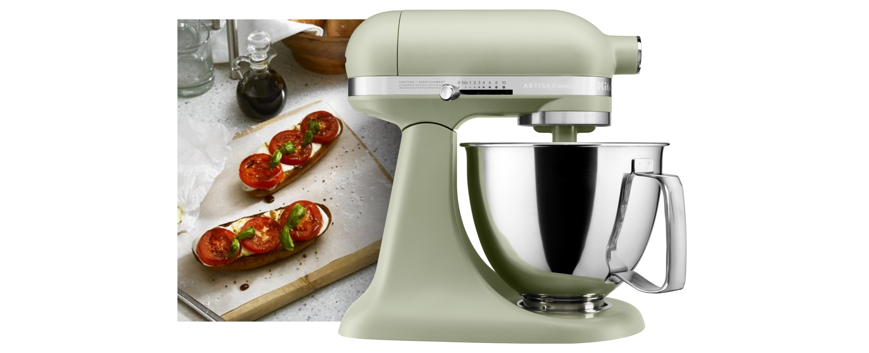 Matte Avocado Cream Artisan® Mini Tilt-Head Stand Mixer.